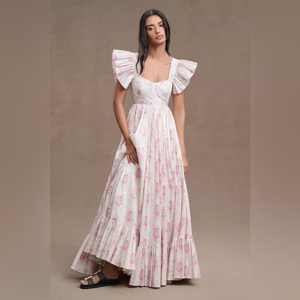 Anthropologie White Maxi Dress with Pink Floral Print